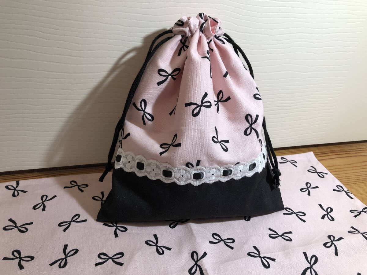 リボン柄 ピンク① 給食袋&ランチョンマット ハンドメイド拍卖
