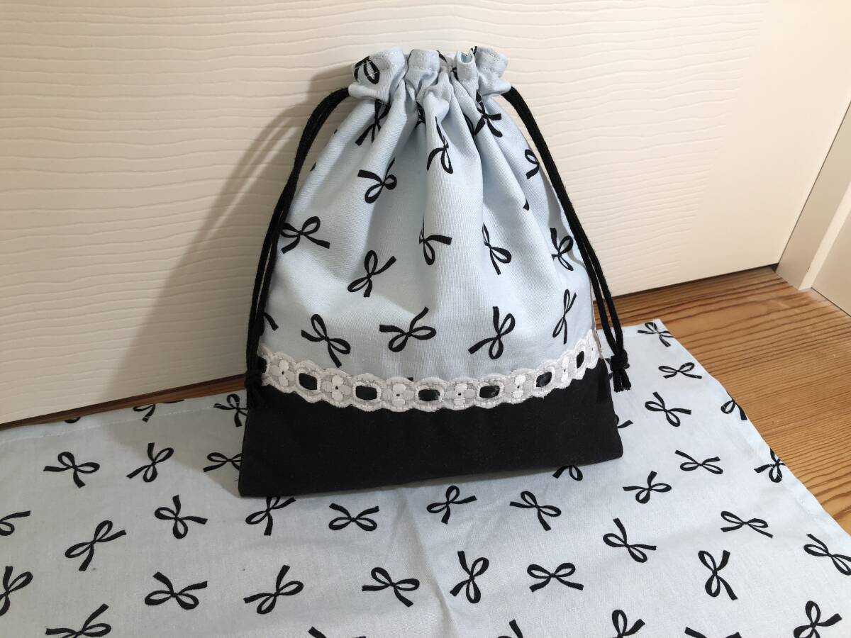 リボン柄 ブルー① 給食袋&ランチョンマット ハンドメイド拍卖