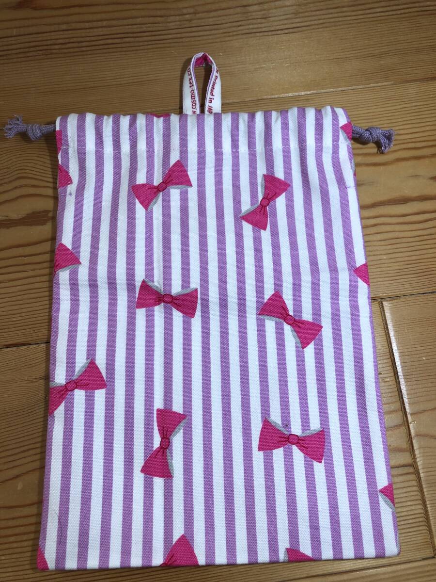 リボンストライプ柄 パープル ループ付き給食袋 ハンドメイド拍卖