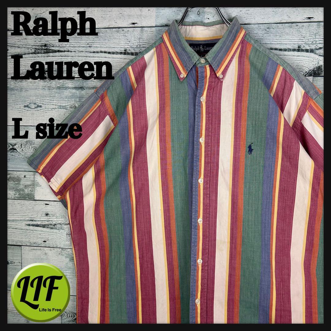 ラルフローレン 刺繍ロゴ 半袖 BDシャツ ストライプ L 5133拍卖