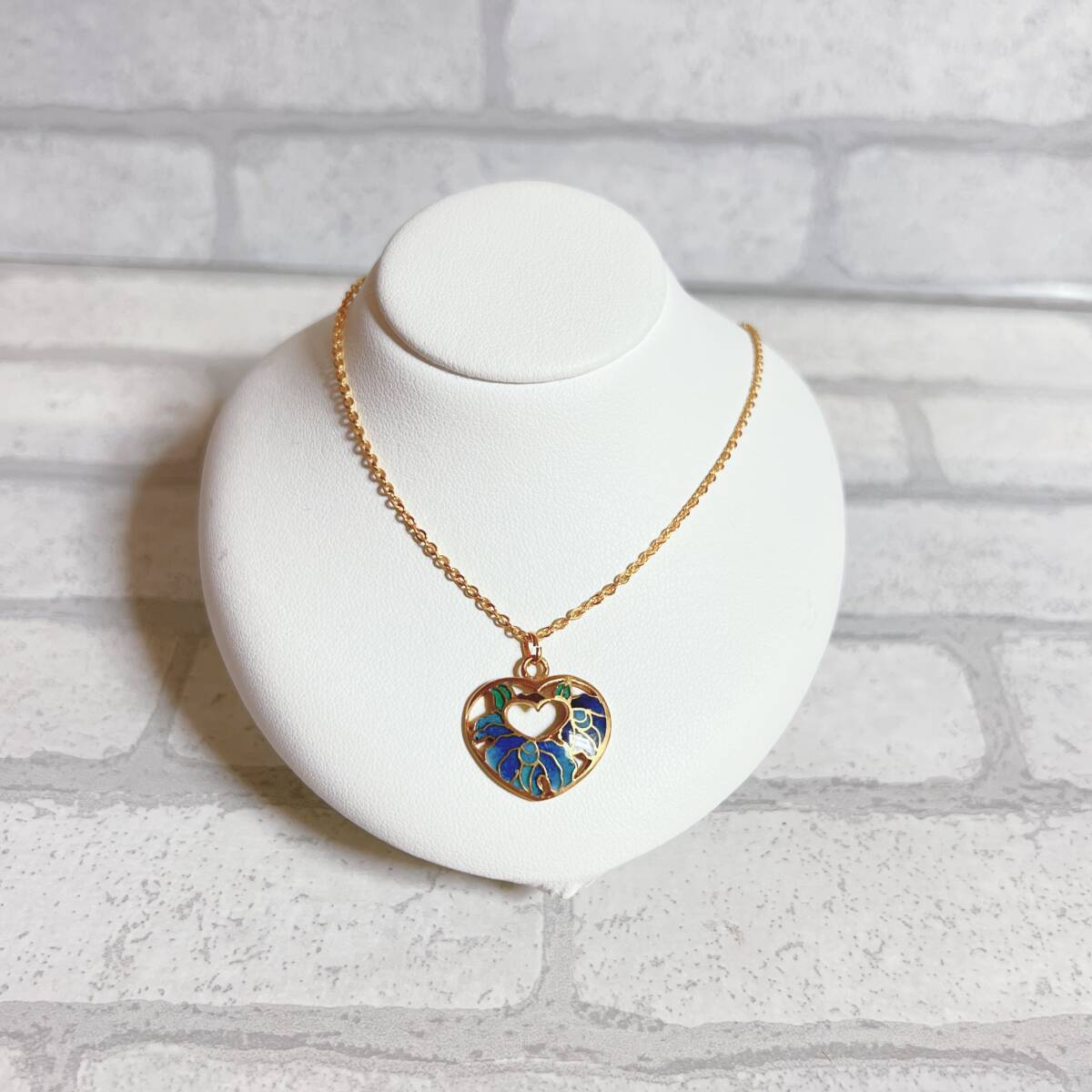 ネックレス ゴールド gold ハート ブルー 花 七宝焼き アンティーク ヴィンテージ EL-0054拍卖
