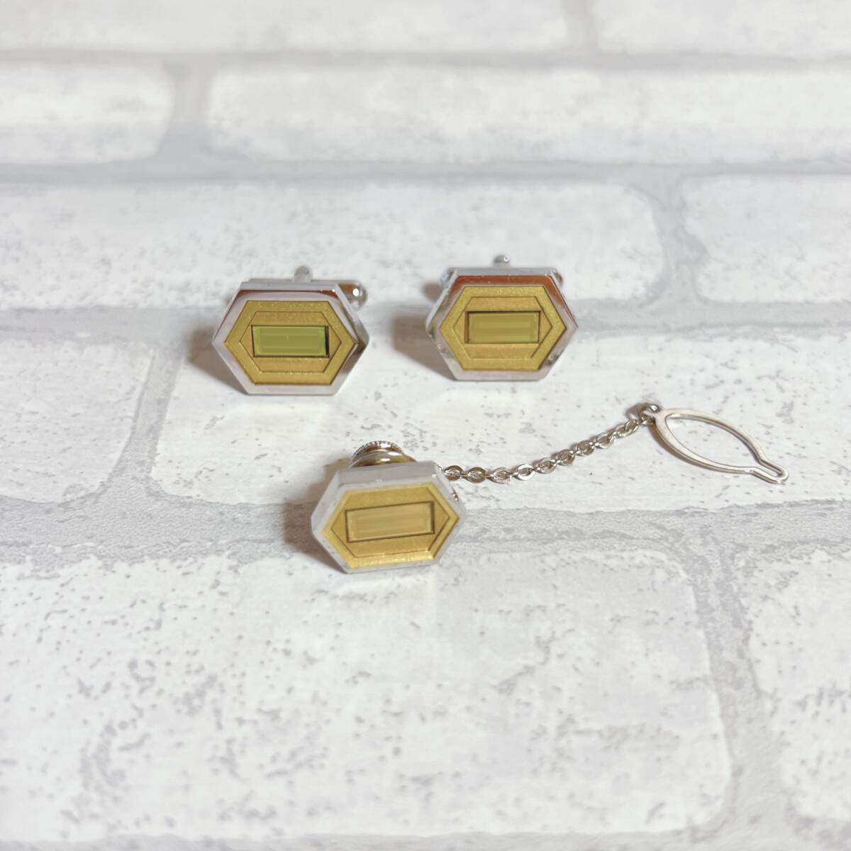 ネクタイピン silver シルバー カフス セット イエロー アンティーク ヴィンテージ EL-0167拍卖