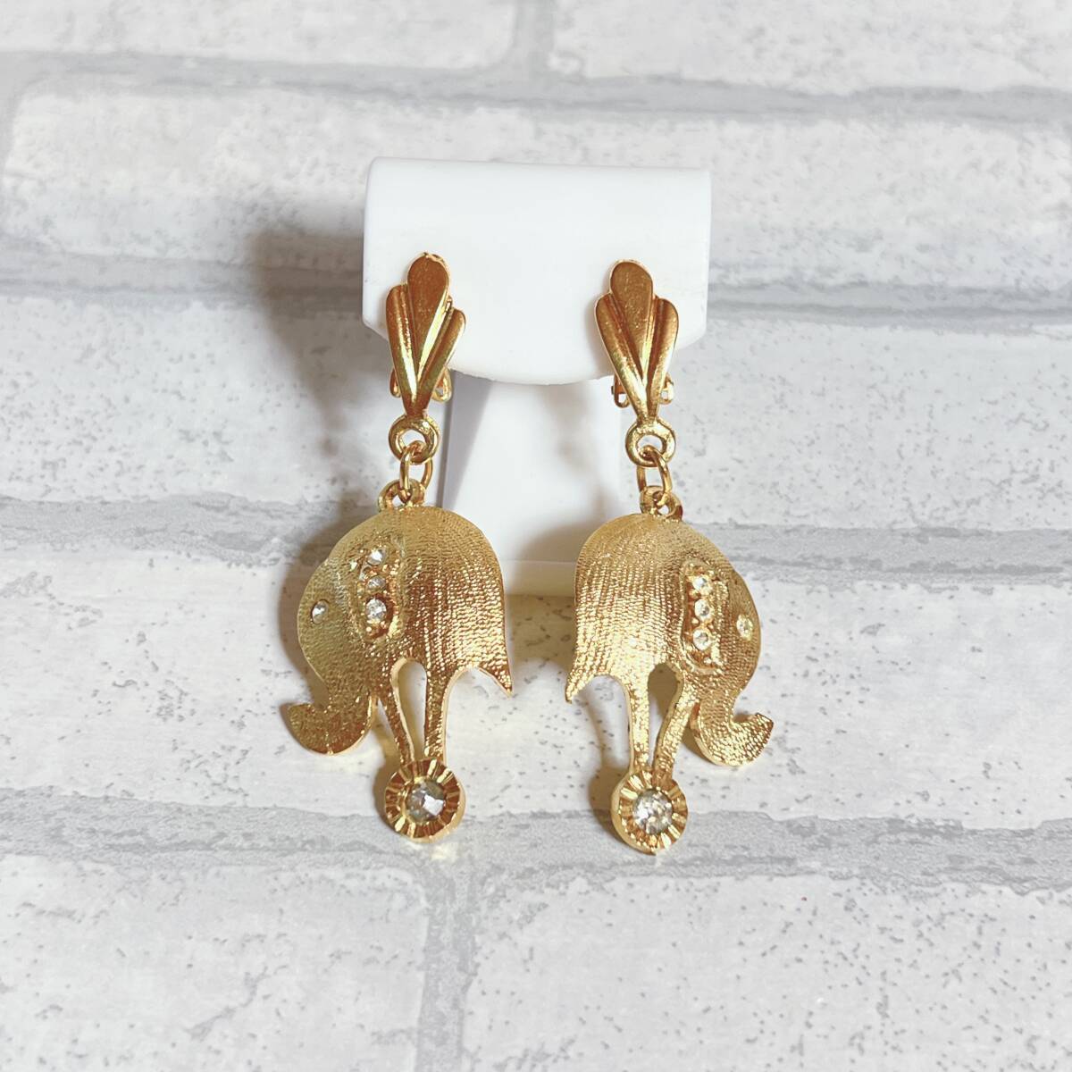 イヤリング ゴールド gold 象 ビジュー ジルコニア ロング アンティーク ヴィンテージ EL-0206拍卖