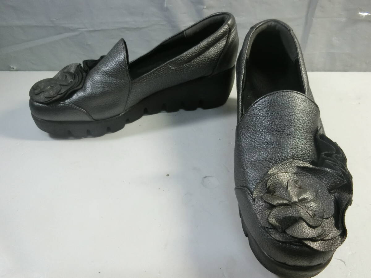 ★靴 パンプス 23.5cm EEE 四つ葉 クローバー柄 厚底 ブラック レディース 【26】拍卖