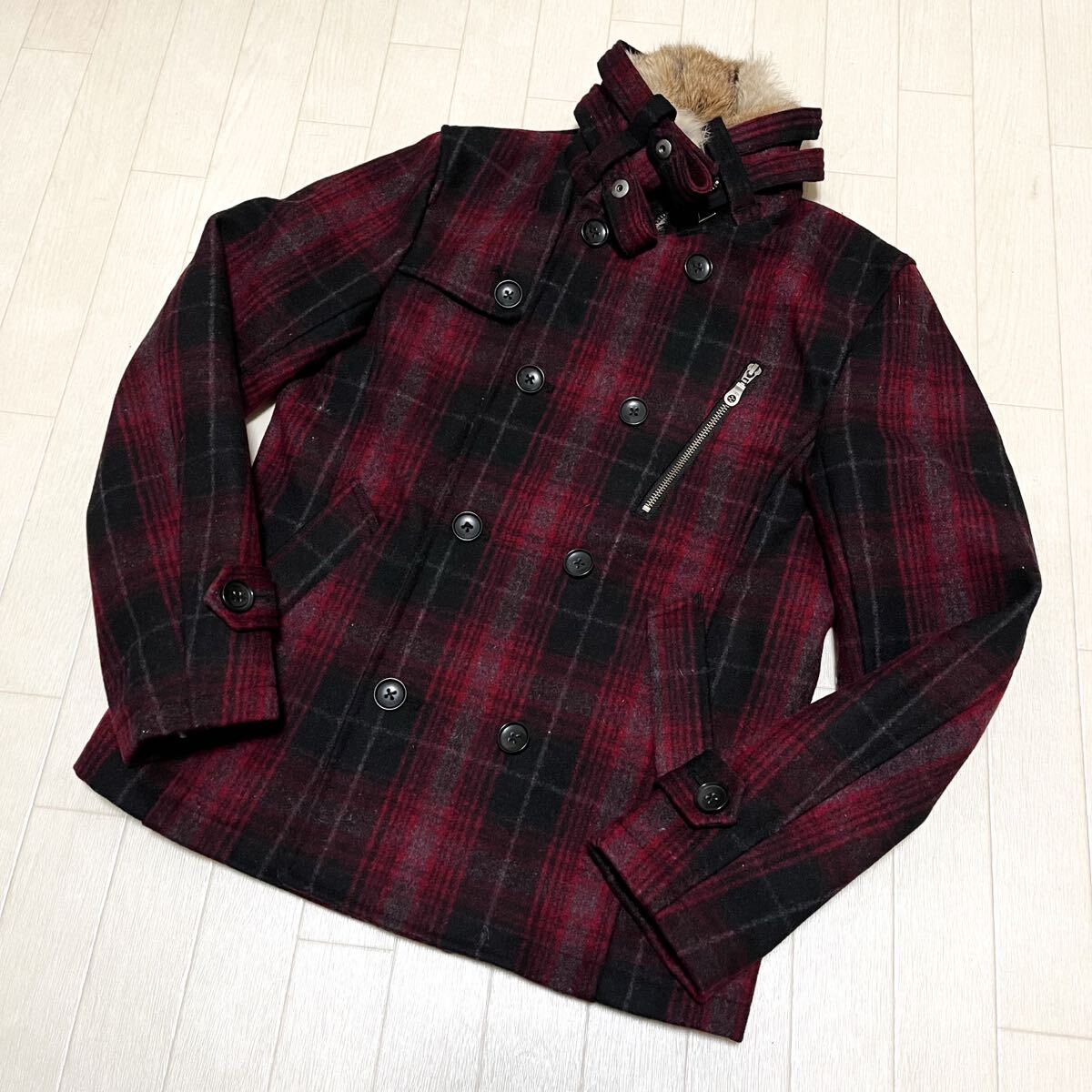 和664★ RATTLE TRAP ラトルトラップ ジャケット アウター ダブルボタン チェック 02 レッド ブラック メンズ ラビットファー拍卖