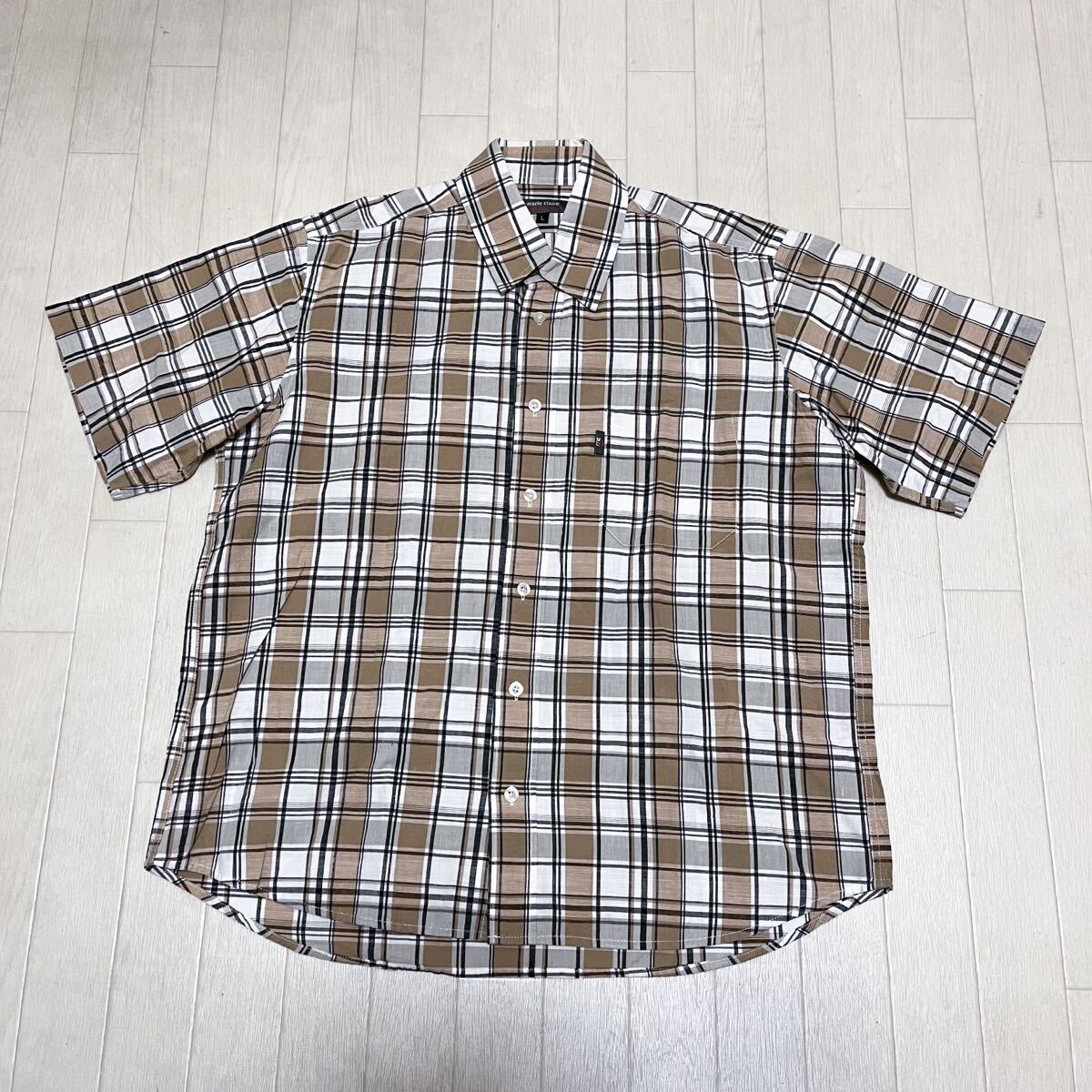 和693★ marie claire HOMME マリクレール オム 半袖 ボタンシャツ チェック 胸ポケット L ベージュ ホワイト メンズ拍卖