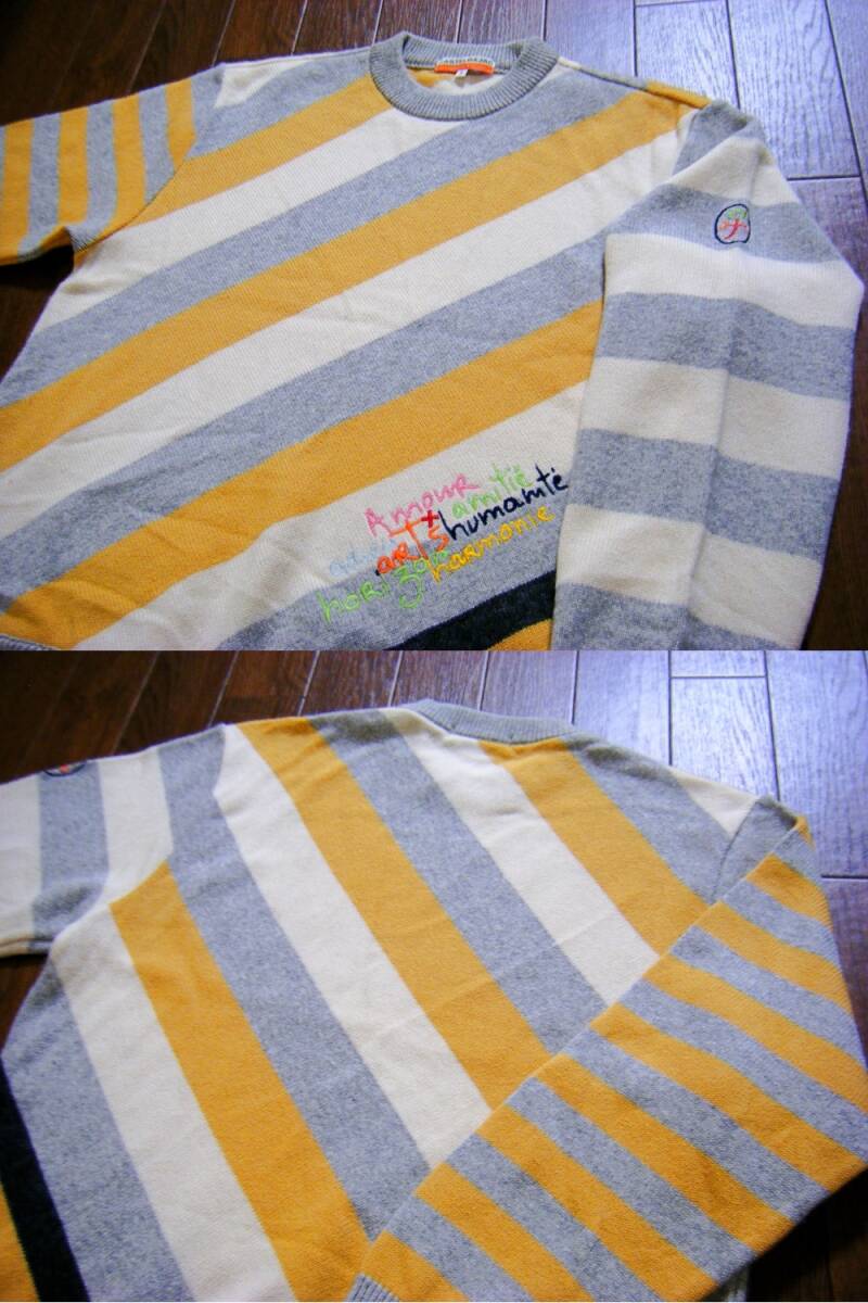 アンゴラ カシミヤ混/良品〇カステルバジャック セーター 1 (大きめ) 斜ボーダー 刺しゅうロゴ グレー同色濃淡.ライトベージュ.アイボリー拍卖