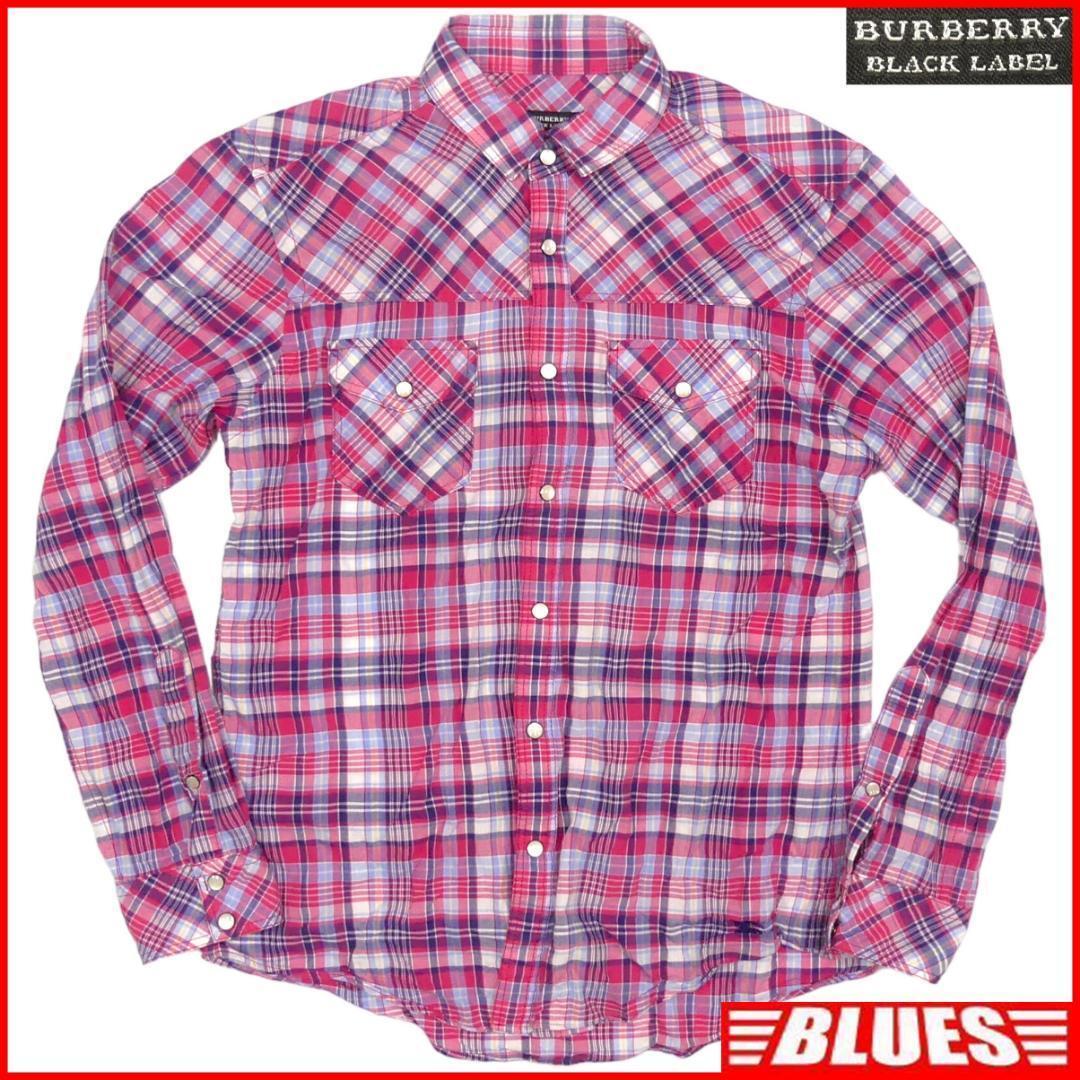 即決★BURBERRY BLACK LABEL★メンズM 廃版 チェックシャツ バーバリーブラックレーベル M 赤 三陽商会正規 ナイト刺繍 長袖拍卖