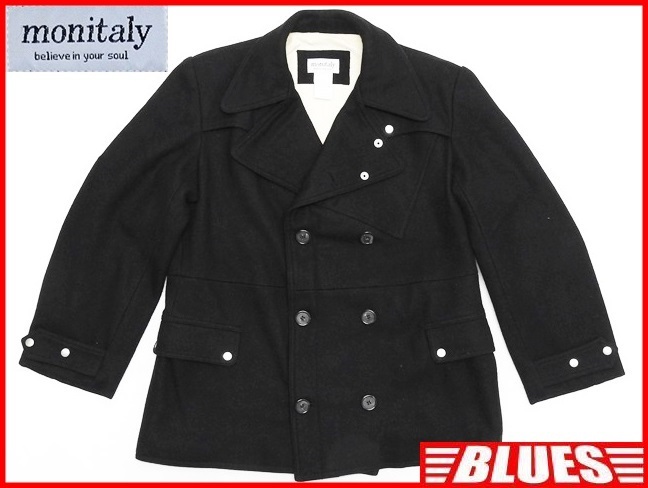 即決★米国製 MONITALY★メンズL メルトンピーコート モニタリー 黒 ブラック ダブル ジャケット 通勤 ビジネス ウール Pコート usa製拍卖