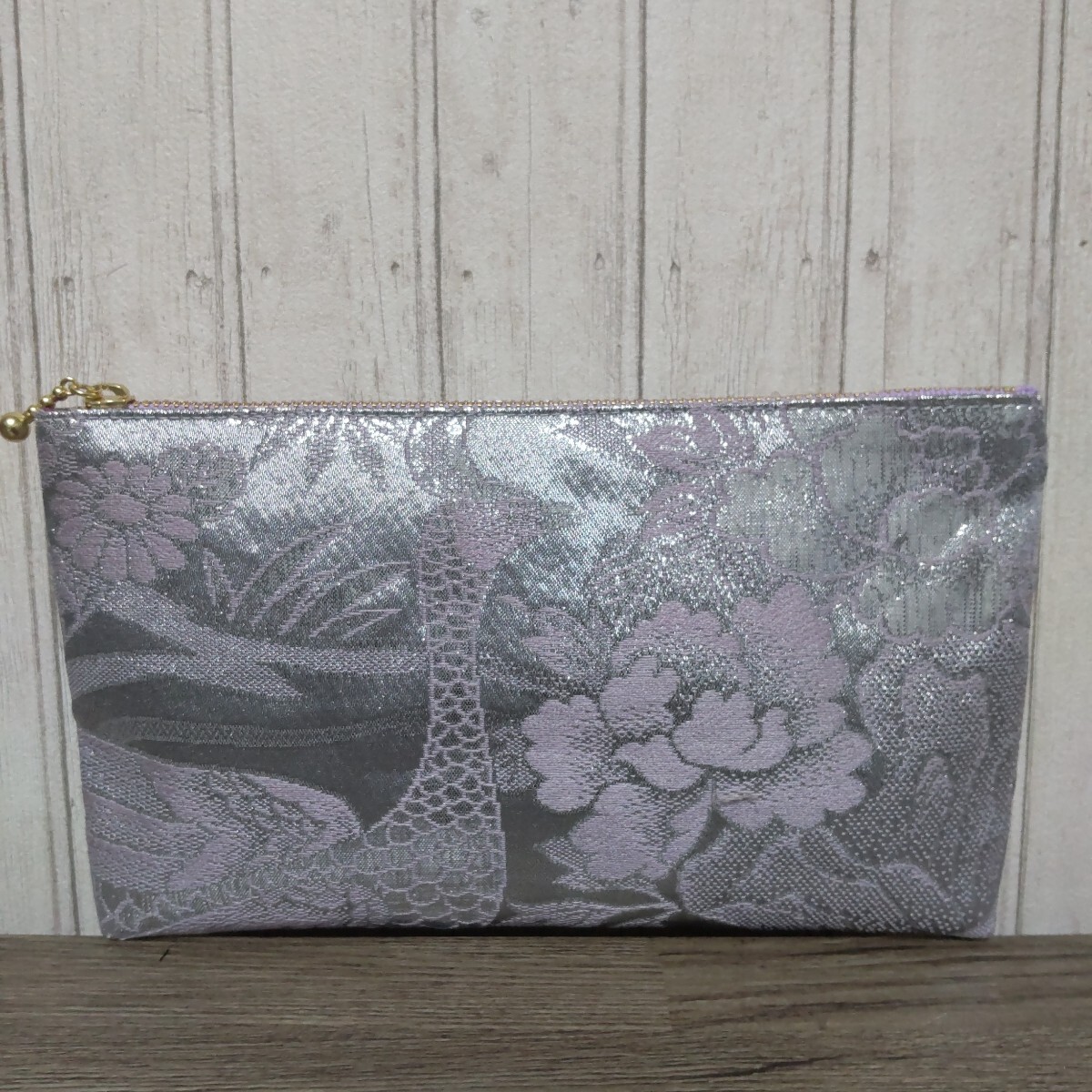 通帳ポーチ【わ★heart】帯リメイク 着物 ポーチ 小物入れ ハンドメイド 孔雀に花拍卖