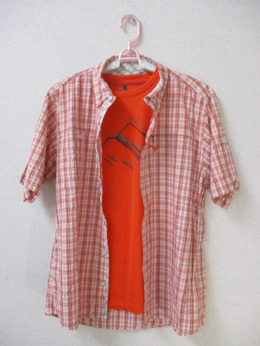 SALEWA サレワ メンズ ボタンダウンシャツ・Tシャツ (半袖) オレンジ系チェック・オレンジ L,U.S.A.:M 2点セット拍卖