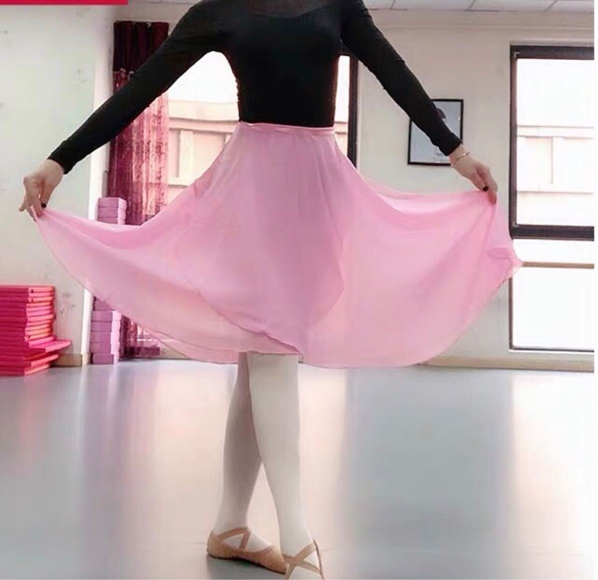 【TING】長くすぎない60cm大人からお子様用♪バレエ/ダンス用シフォン巻きロングスカート色:薄いピンク拍卖
