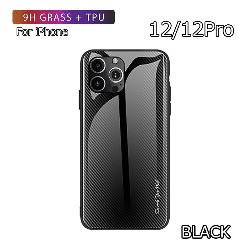 iPhone 12/12 Pro用 ケース 6.1インチ アイフォン12 アイフォン12プロ 背面強化ガラス カーボンデザイン 耐衝撃 ブラック拍卖