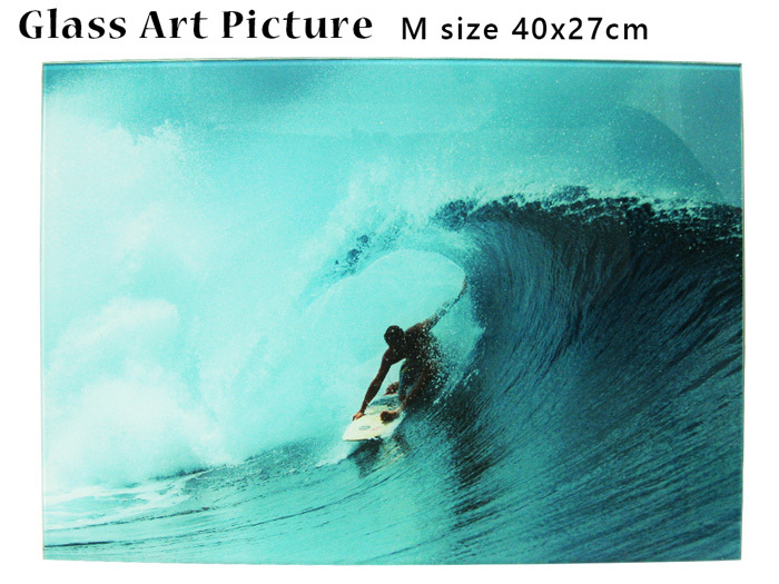 ガラス アート ピクチャー M-Q (壁掛け) ビッグウェーブ 波乗り 40cm 海 サーフィン サーフボード 西海岸風 インテリア アメリカン雑貨拍卖
