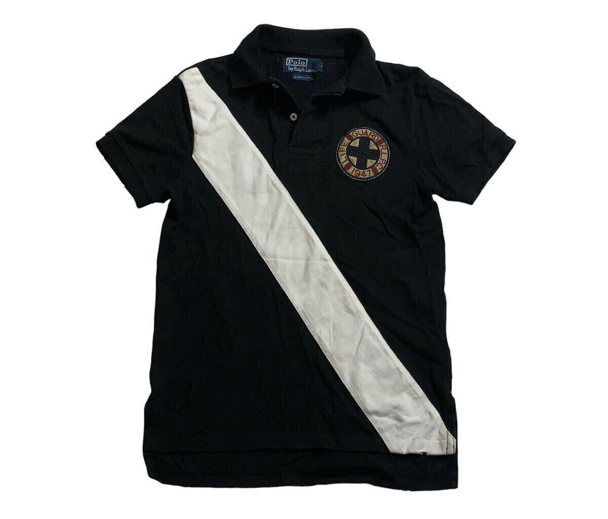 送料無料 ■ POLO RALPH LAUREN ポロ ラルフローレン ■ エンブレム ロゴ ワッペン ダメージ加工 半袖 ポロシャツ ブラック×ホワイト S拍卖