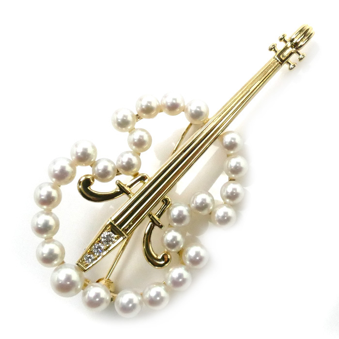 MIKIMOTO ミキモト K18YG イエローゴールド 弦楽器 ブローチ アコヤパール約3.7~5.0mm ダイヤモンド 10.4g レディース 中古 美品拍卖