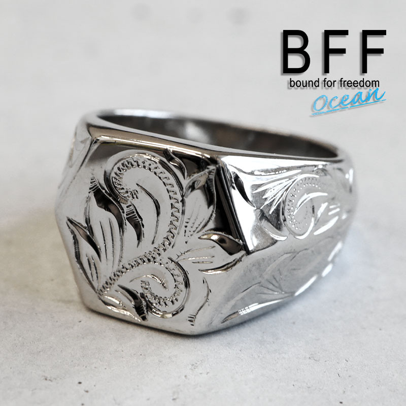 (19号) BFF ブランド ハワイアンリング メンズ 印台リング 六角 シルバー スタンプリング 専用BOX付属拍卖