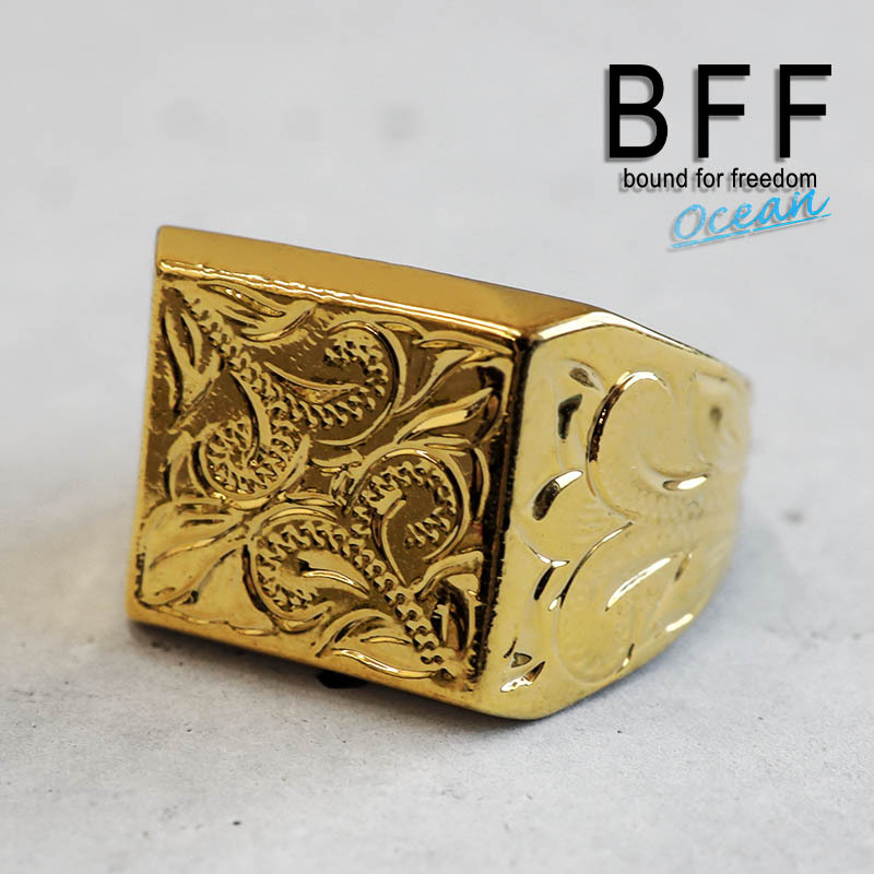 (8号) BFF ブランド ハワイアンリング メンズ 印台リング 四角 スクエア ゴールド 18K GP 専用BOX付属拍卖