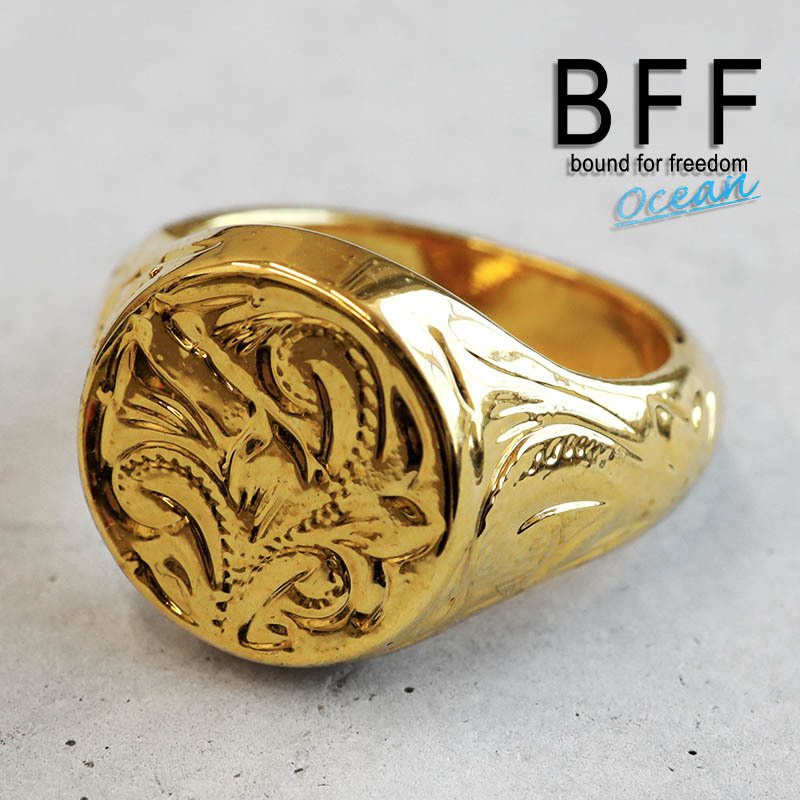 (12号) BFF ブランド ハワイアンリング メンズ 印台リング 丸型 ゴールド 18K GP 小ぶり 専用BOX付属拍卖