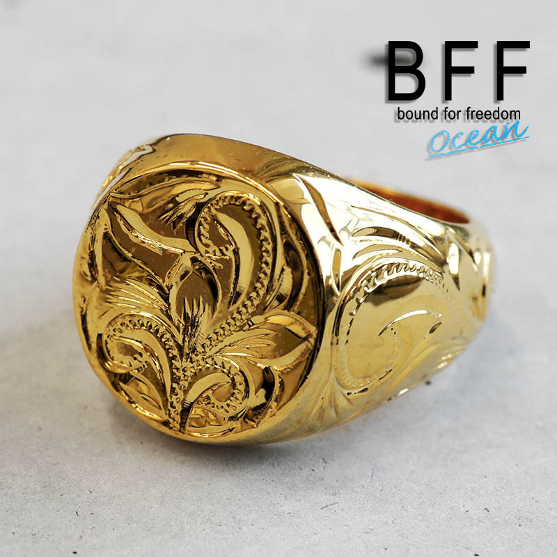 (12号) BFF ブランド ハワイアンリング メンズ 印台リング 丸型 ゴールド 18K GP スタンプリング 専用BOX付属拍卖