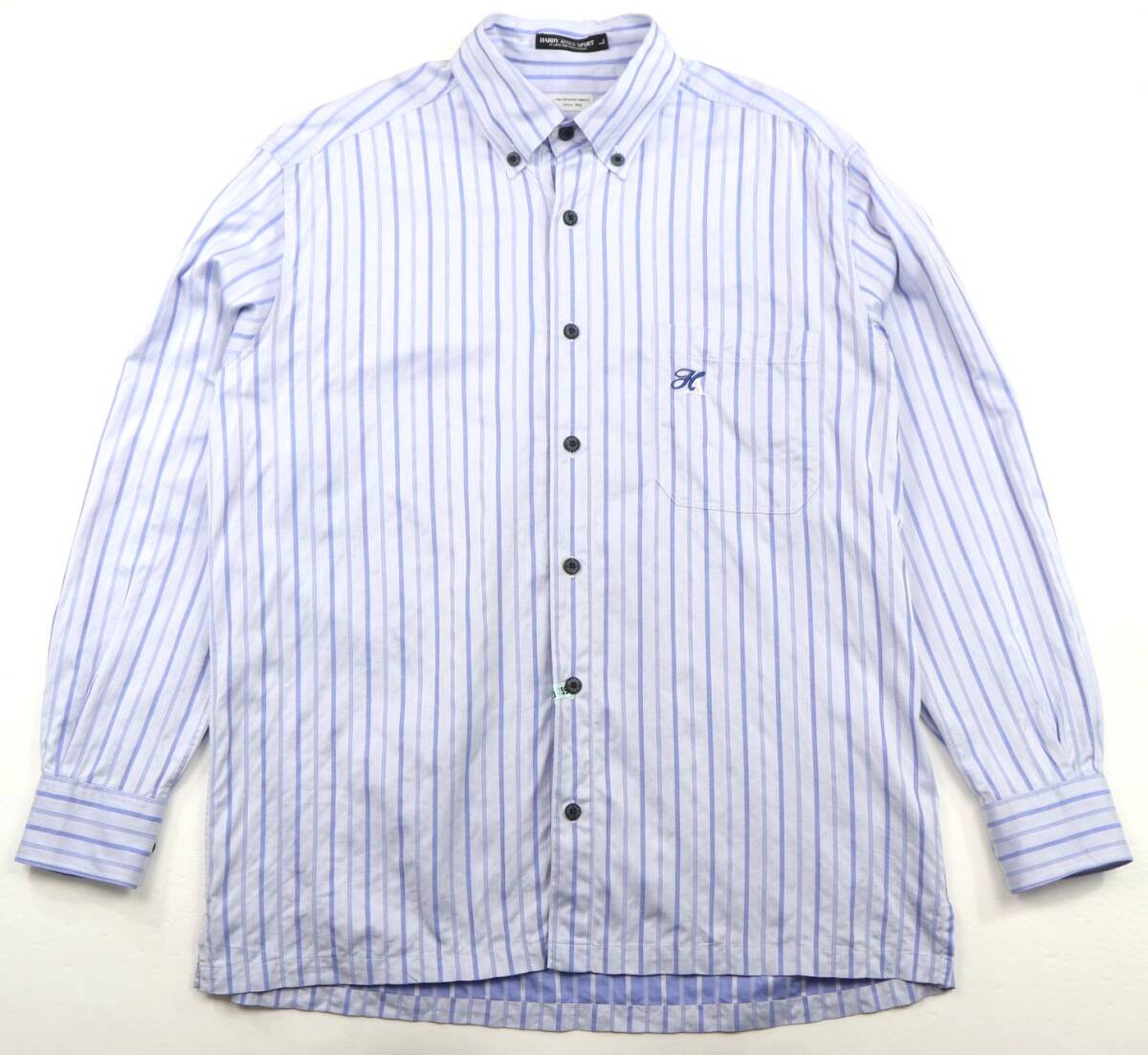 ポルトガル製★HARDY AMIES SPORT×SOMELOS ハーディエイミス×ソメロス ワンポイント刺繍入りボタンダウン ストライプ長袖シャツ/Lサイズ拍卖