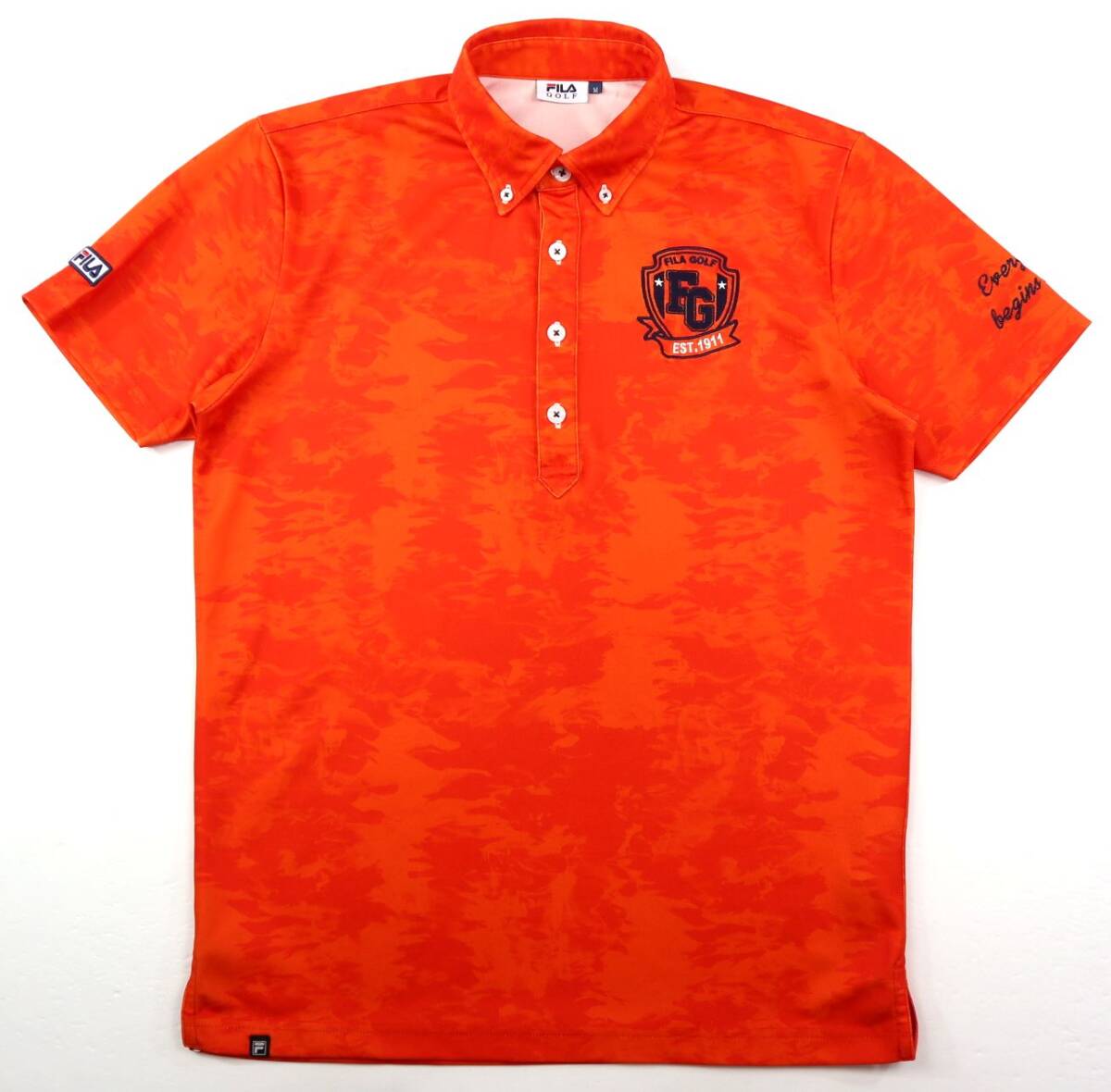 美品★FILA GOLF フィラ・ゴルフ 透かし柄 ボタンダウン半袖ドライシャツ/オレンジ/Mサイズ拍卖