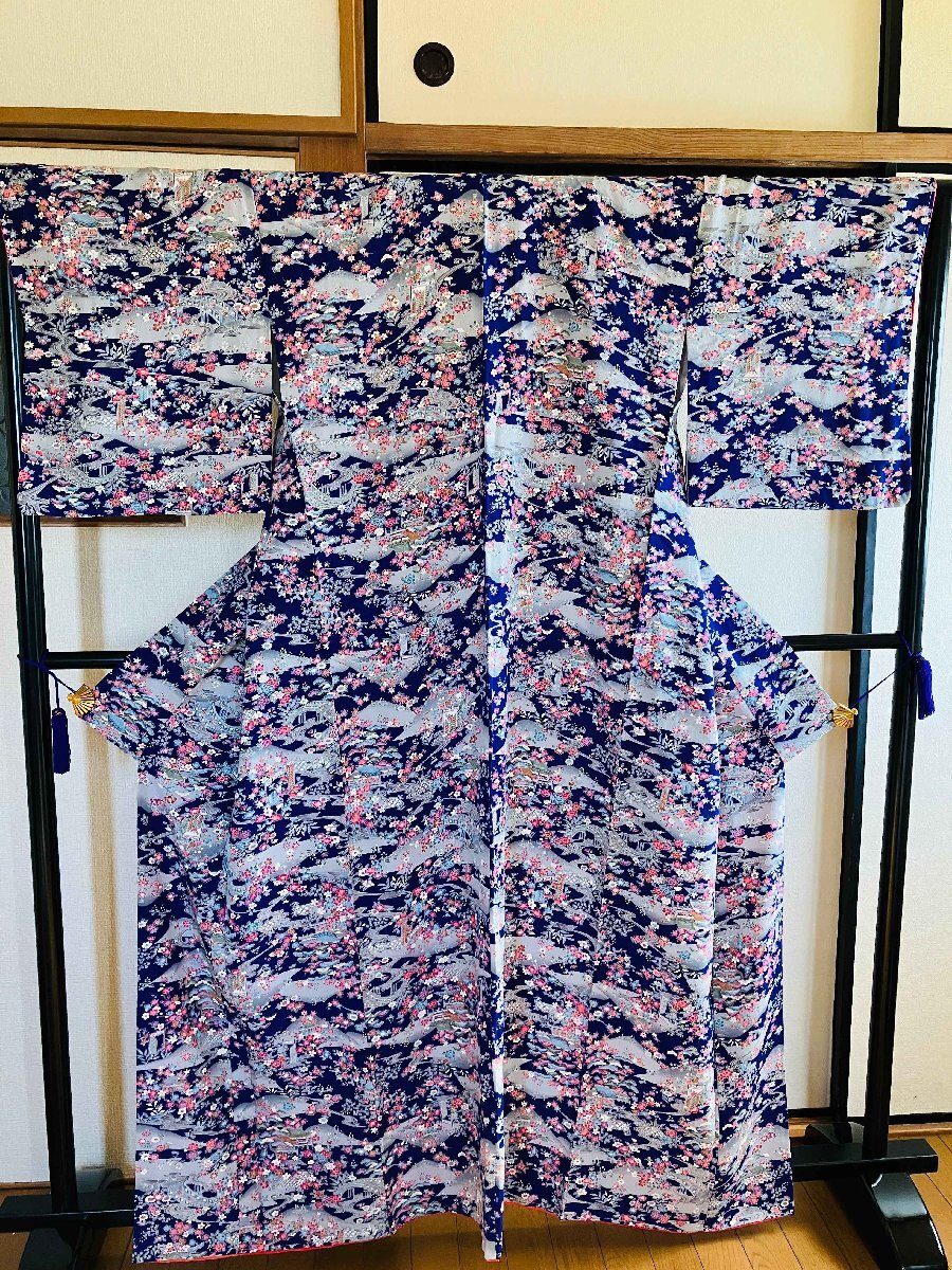 着物 小紋 正絹 / 藍色系 / 草花文 橘 たちばな 流水 紅葉 / 身丈約156cm 裄丈約66cm 袖幅約48cm 後幅28cm 前幅23.5cm TCS着物 W18拍卖