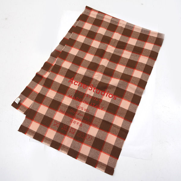 ★ アクネストゥディオズ 大判ストール マフラー ロゴ ウール100% チェック柄 ピンク (0220505137)拍卖