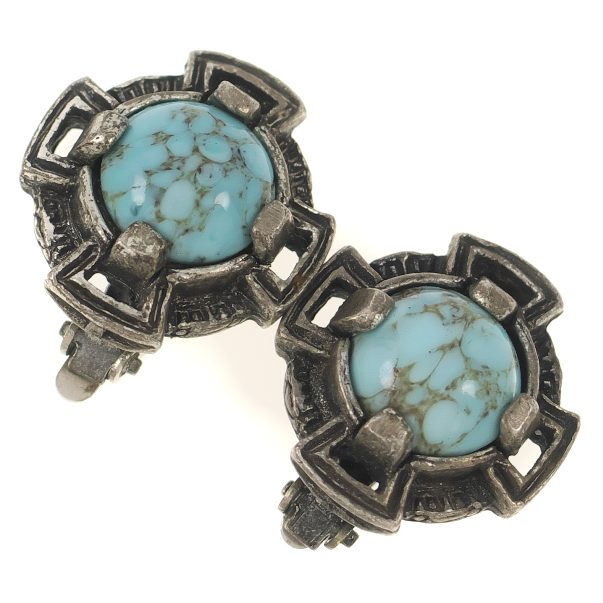 UK3298◆ ケルト十字 クロスモチーフ ターコイズ柄 水色系カボションストーン 英国 イギリス ◆ ヴィンテージ イヤリング ◆拍卖