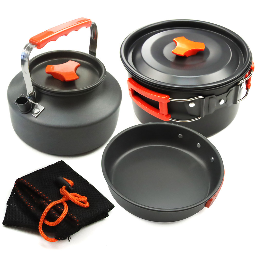 アウトドア クッカー3点セット調理器具 やかん 鍋 フライパン アルミ合金キャンプ バーベキュー ファミリーキャンプ 食器 自炊等 2-3人用拍卖