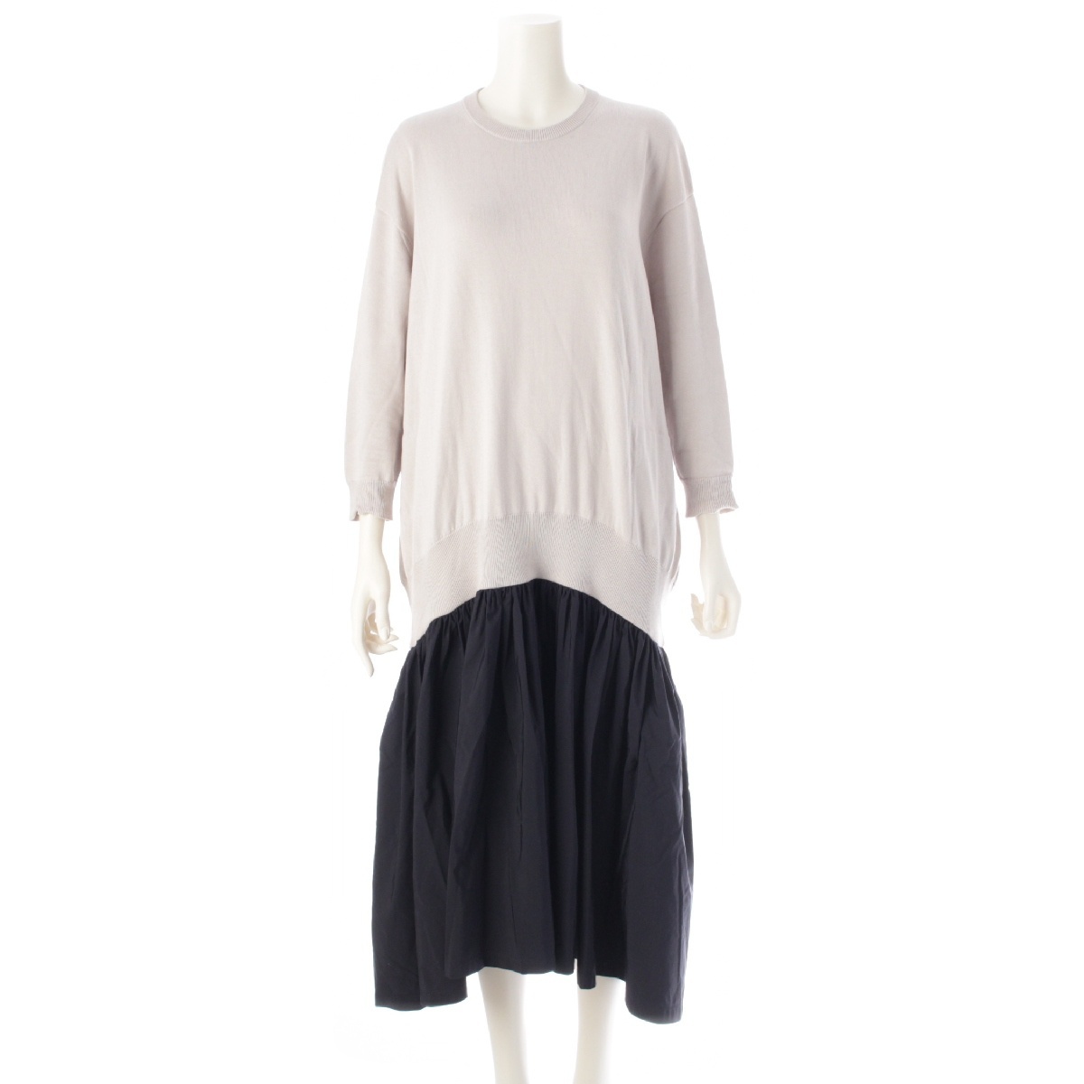 ドゥロワー 22年 コットン シルク 14Gニット タフタ ドッキング ワンピース 6526-199-1277 ライトグレー ネイビー【中古】拍卖