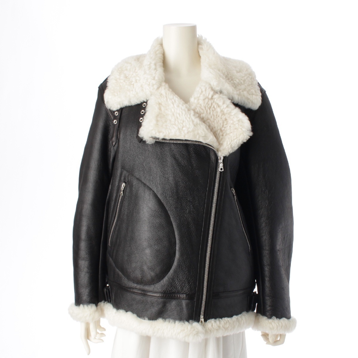 ドゥロワー ムートン レザー 青山店15周年限定 ダブル ライダースジャケット 6523-299-0567 ブラック ホワイト 38【中古】拍卖