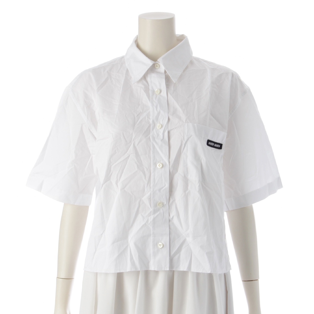 ミュウミュウ 23年 コットンポプリン ロゴ 半袖シャツ MK1743 ホワイト 40【中古】拍卖