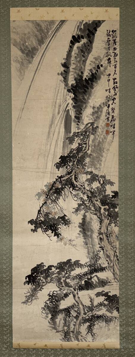 日本水墨画 半渓 半谿 甲申年 1884年 本紙サイズ約135x45cm 肉筆 落款あり K2 検索 中国 書画 加藤半渓拍卖