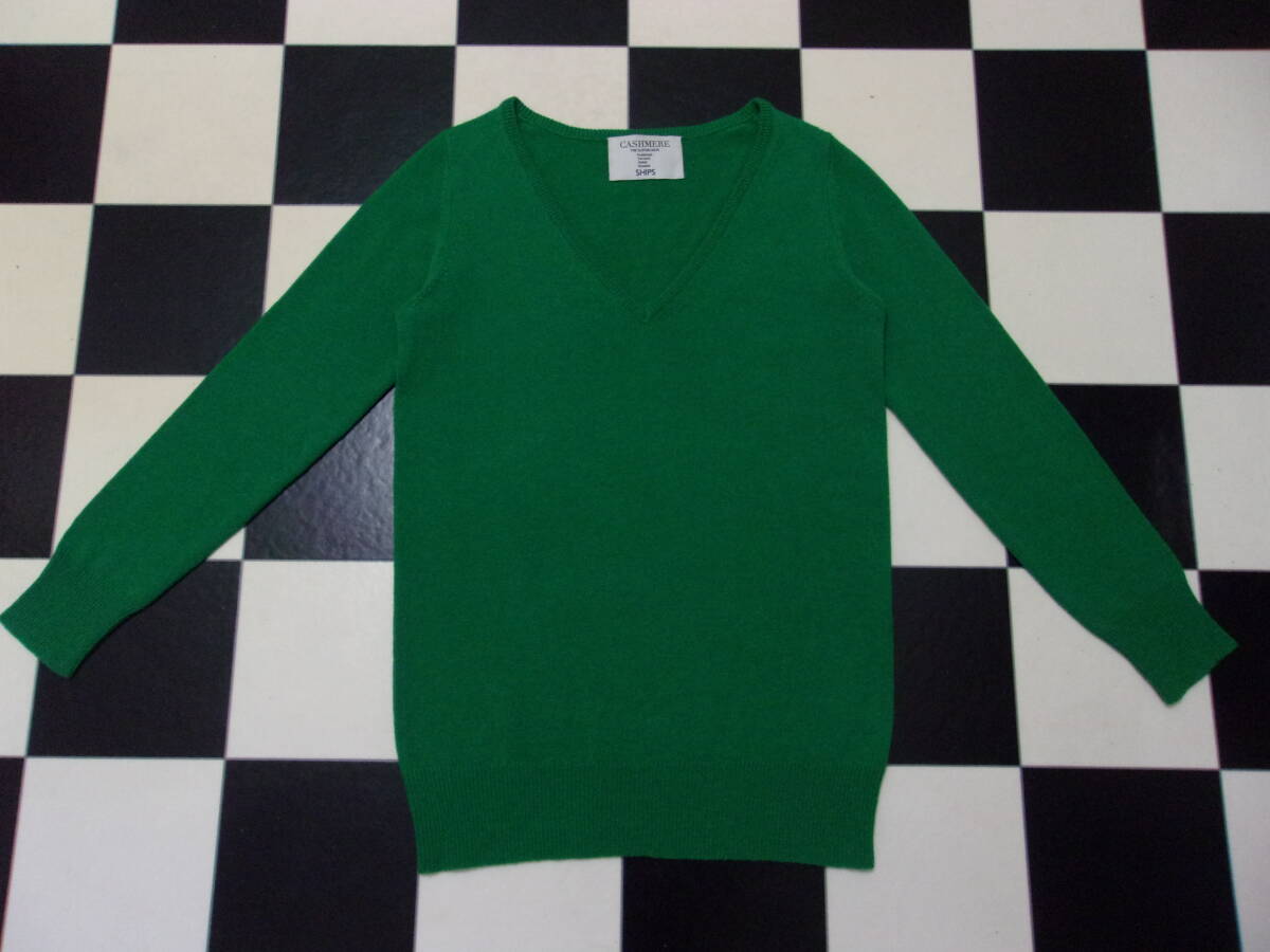 SHIPS カシミアニットセーター 36 シップス Vネック 100%カシミヤ CASHMERE グリーン緑色系 ハイゲージニット トップス拍卖