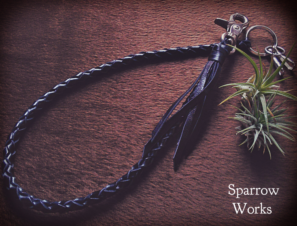 ★ブラック 黒 レザーウォレットチェーン ハンドメイド 日本製 ★オリジナル 革 レザー 編み込み 財布用 アクセサリー 釣り ツールホルダー拍卖