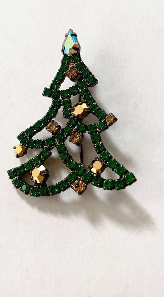 【美品】ヴィンテージ クリスマスツリー ブローチ ラインストーン ダークグリーン×ゴールド もみの木 拍卖