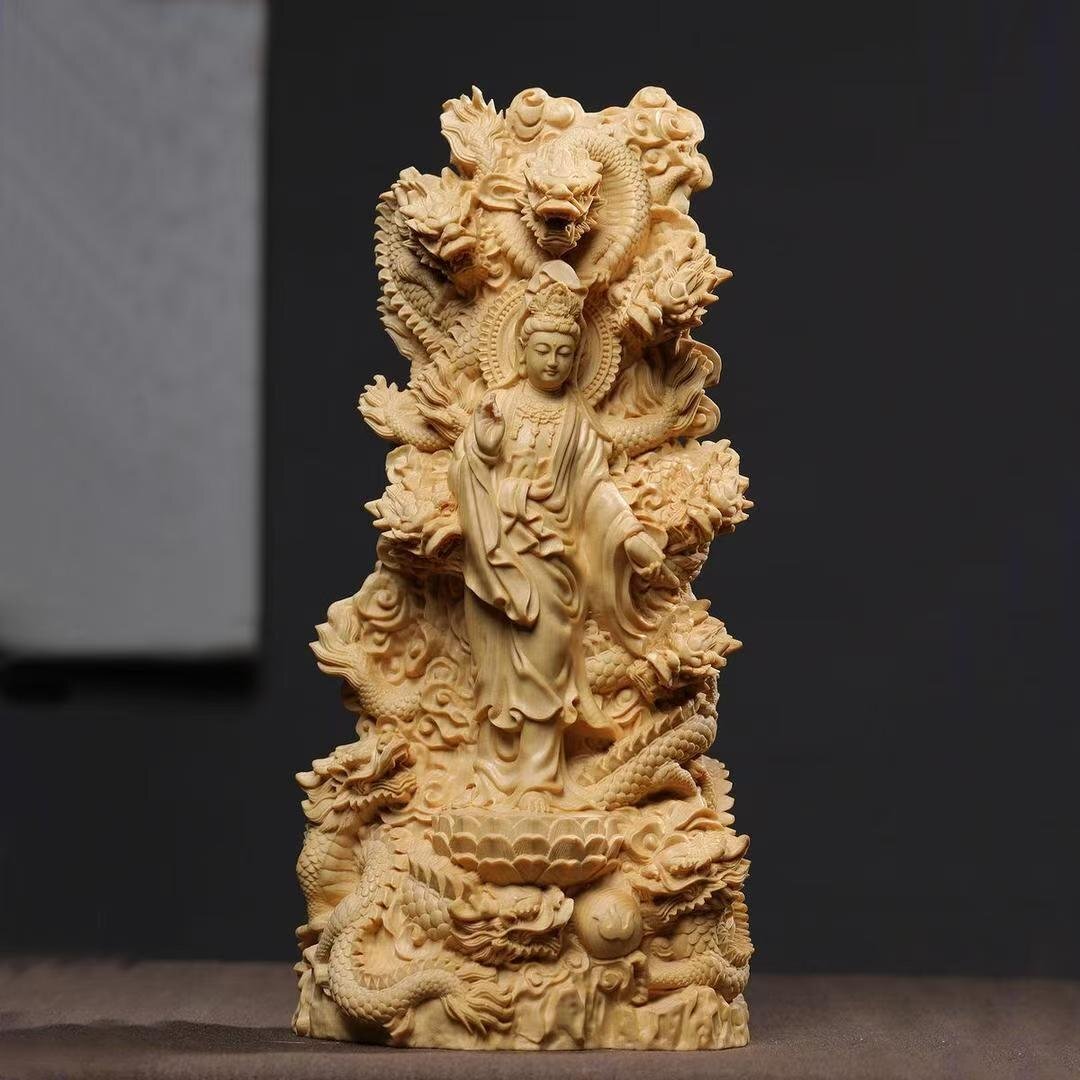 美品★仏教美術 精密細工 木彫り 観音菩薩立像 仏像 置物 高さ20cm拍卖