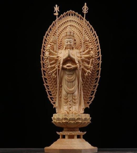 極上品 仏教美術 千手観音菩薩 精密彫刻 仏像 手彫り 木彫仏像 仏師手仕上げ品 43cm拍卖