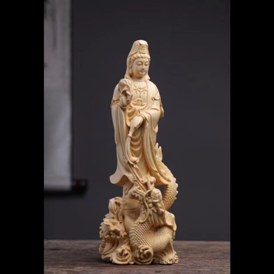 木彫 開運風水 御龍観音像 ッゲ 彫刻工芸品 高級天然 ツゲ木彫り 風水グッズ 贈り物拍卖