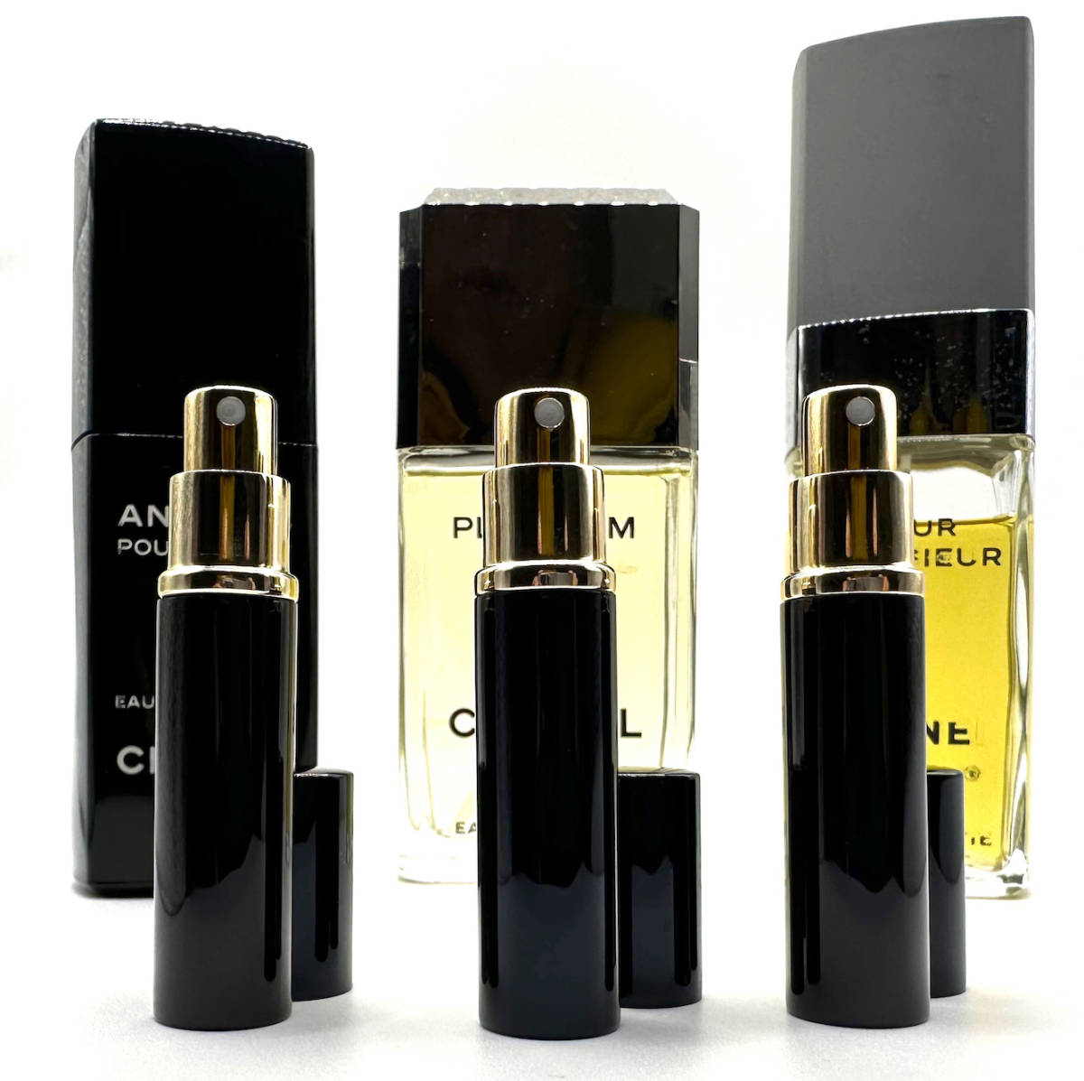 ★CHANEL・3Types of EDT.3.5ml入×3種詰替品(★ANTAEUS/★PLATINUM EGOISTE/★POUR MONSIEUR) ★前方(黒色)小スプレー3本のみ出品です。拍卖
