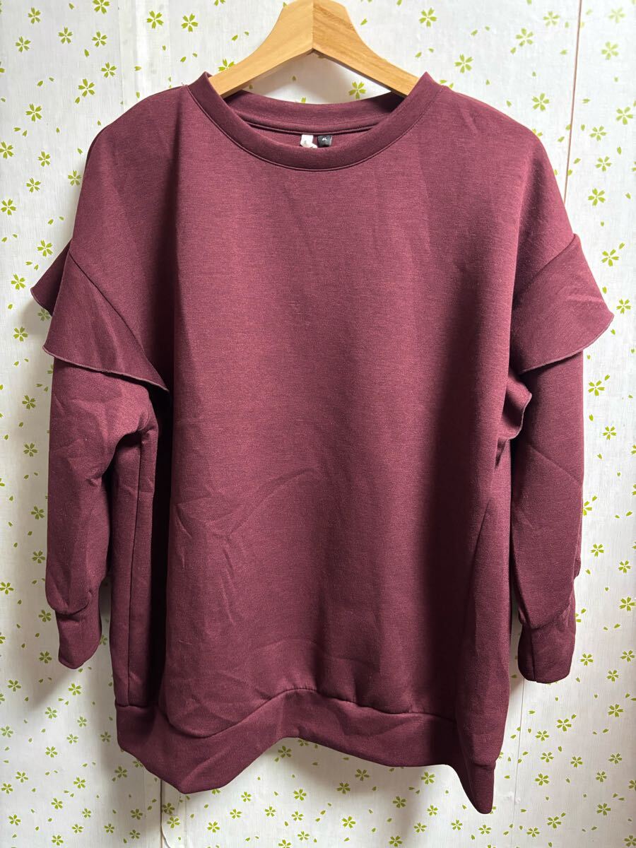 4Lサイズ ラッフルスリーブ 長袖 トップス ワイン色 長袖拍卖