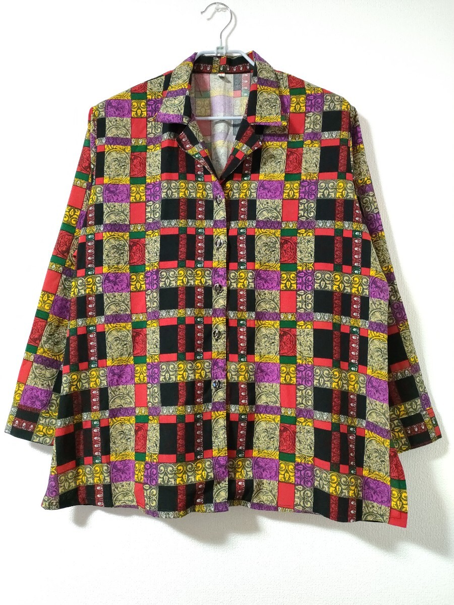 スカーフバブリー柄 派手 総柄シャツ ヴィンテージ レトロ ビッグオーバーサイズ アート マルチカラー拍卖