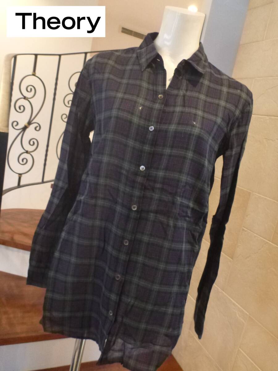 2.5万 美品 セオリー Theory ★紺×緑 チェック柄 長袖 ブラウス S拍卖