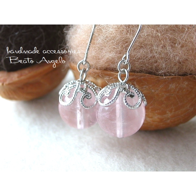 ■+angelo+天然石ローズクォーツの一粒ピアス(p-093)S 10mm 花座 ピンク拍卖