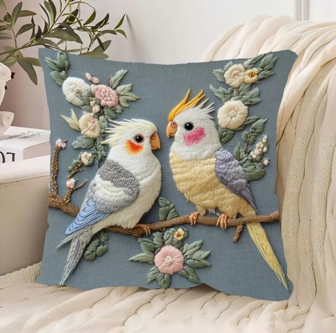 クッションカバー オカメインコB 刺繍風 45cm 鳥の雑貨 HANAKO拍卖