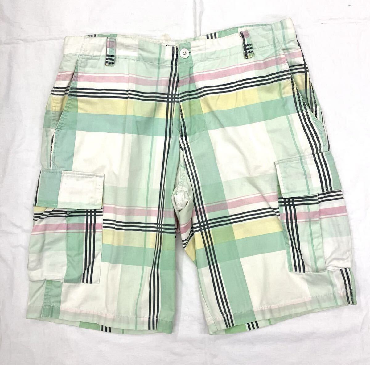 中古 ステューシーSTUSSY ハーフパンツ メンズ ショートパンツ チェック柄 グリーン系 サイズ34(L) コットン RN34974拍卖