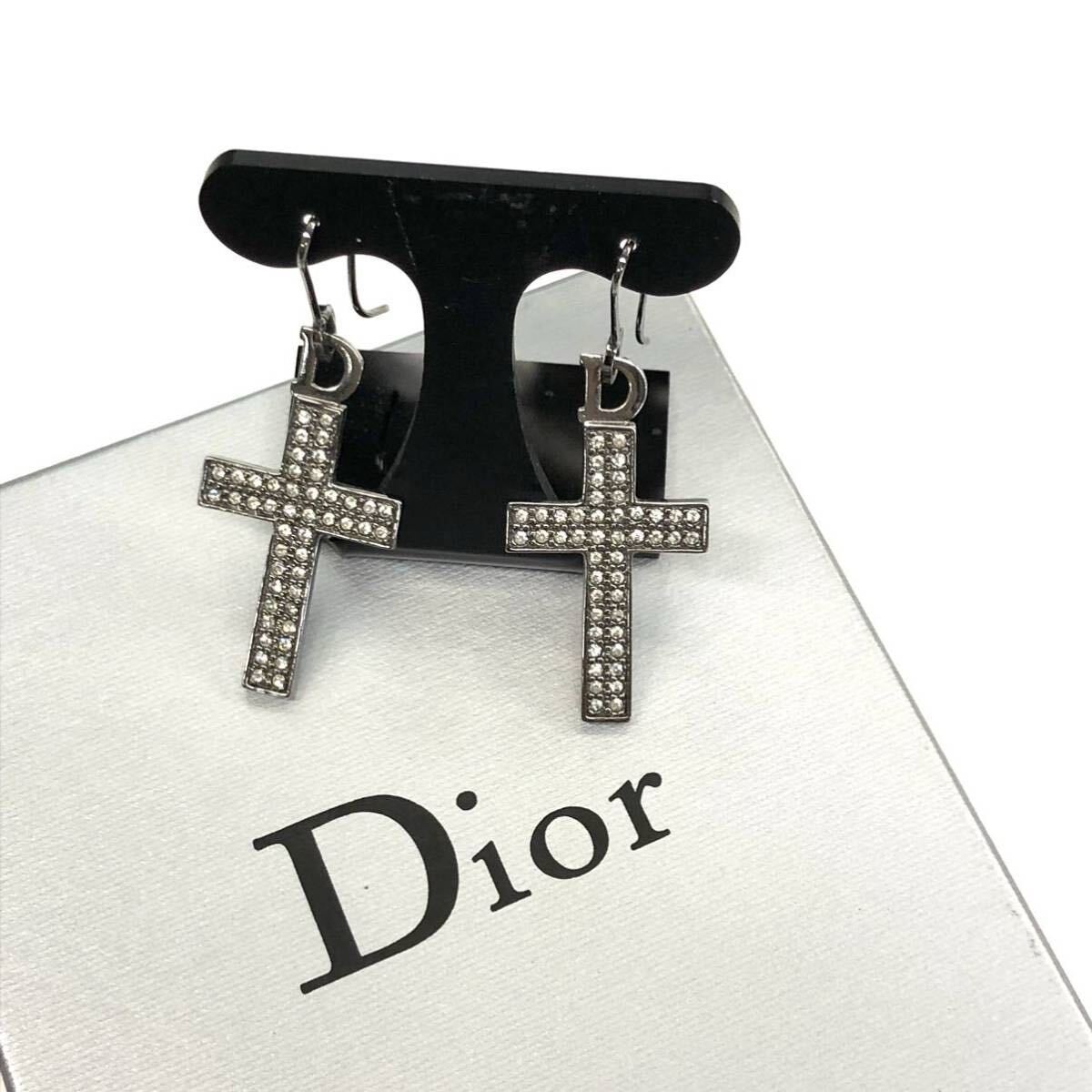 中古 クリスチャンディオール Christian Dior クロス ピアス ラインストーン シルバー色 十字架 137678E拍卖