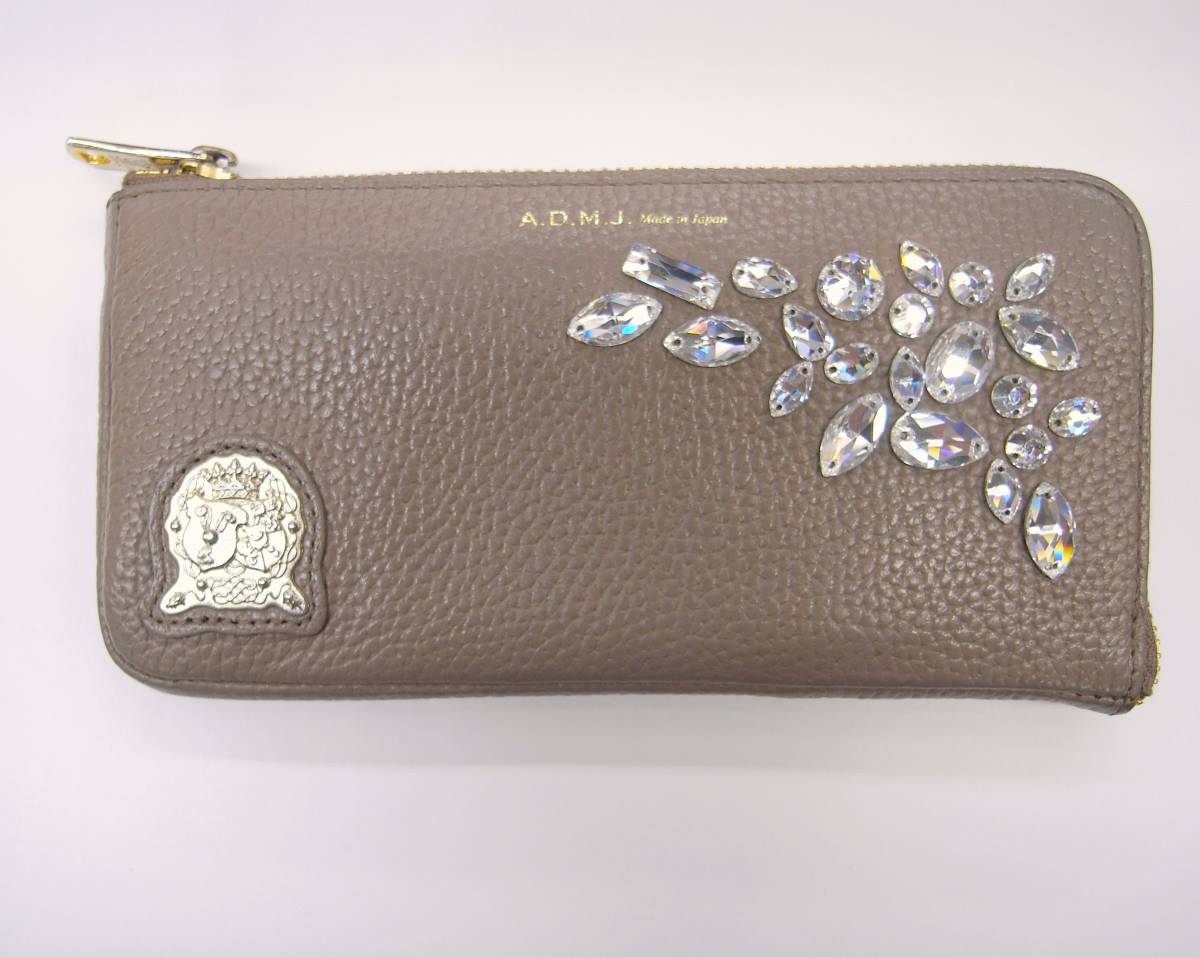中古 エーディーエムジェイ 財布 A.D.M.J スワロフスキー L字ジップ ファスナーウォレット 長財布 ACS06209 トープ 145802拍卖