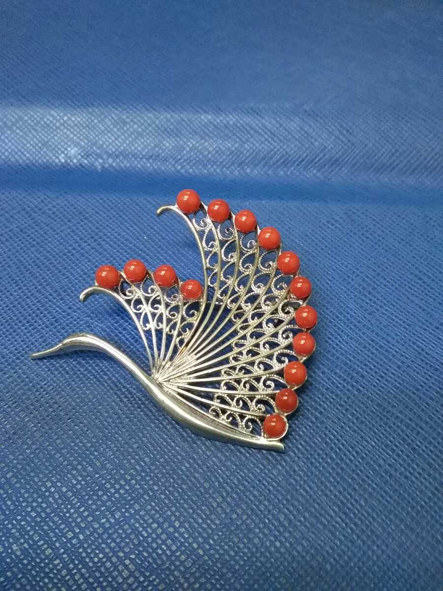 中古 ブローチ ヴィンテージ 珊瑚 サンゴ 飛鶴 SILVER 刻印 139745拍卖